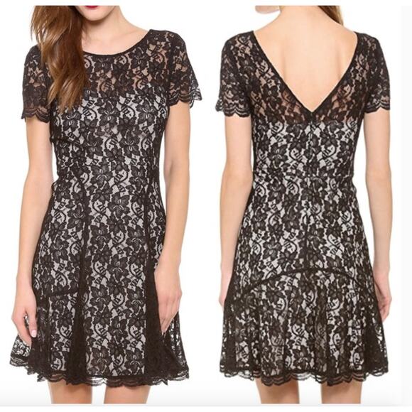 Diane von Furstenberg Black Nude Maribel Lace Short Sleeve Back V Dress - Picture 1 of 15